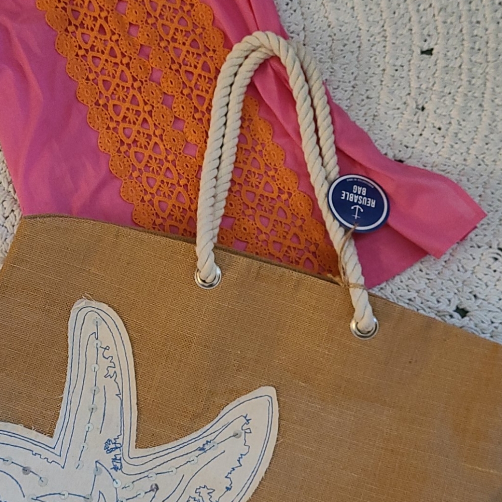SALE NWOT LG BLUE WHITE  STARFISH BEACH BURLAP BAG - Picture 11 of 16